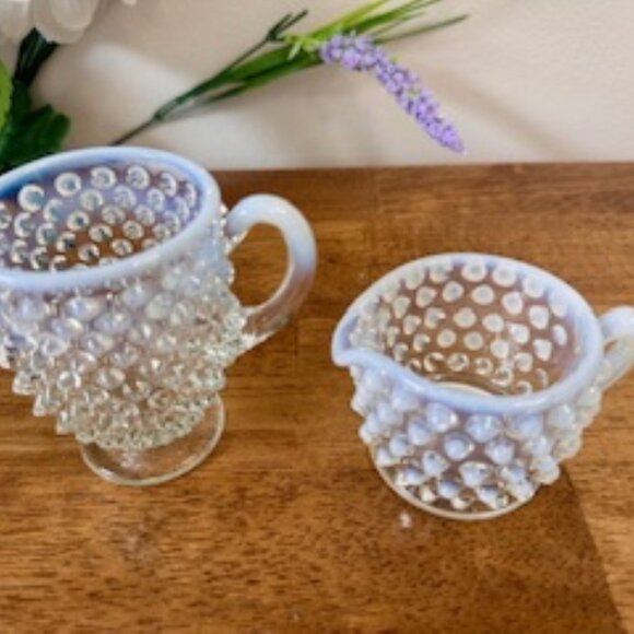 Vintage White Opalescent Hobnail‎ Cream and Sugar Set Fenton Style Pedestal Base - Picture 2 of 5